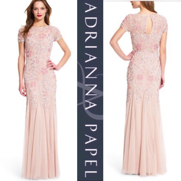 Adrianna Papell beaded short sleeve pink floral gown - Picture 5 of 15